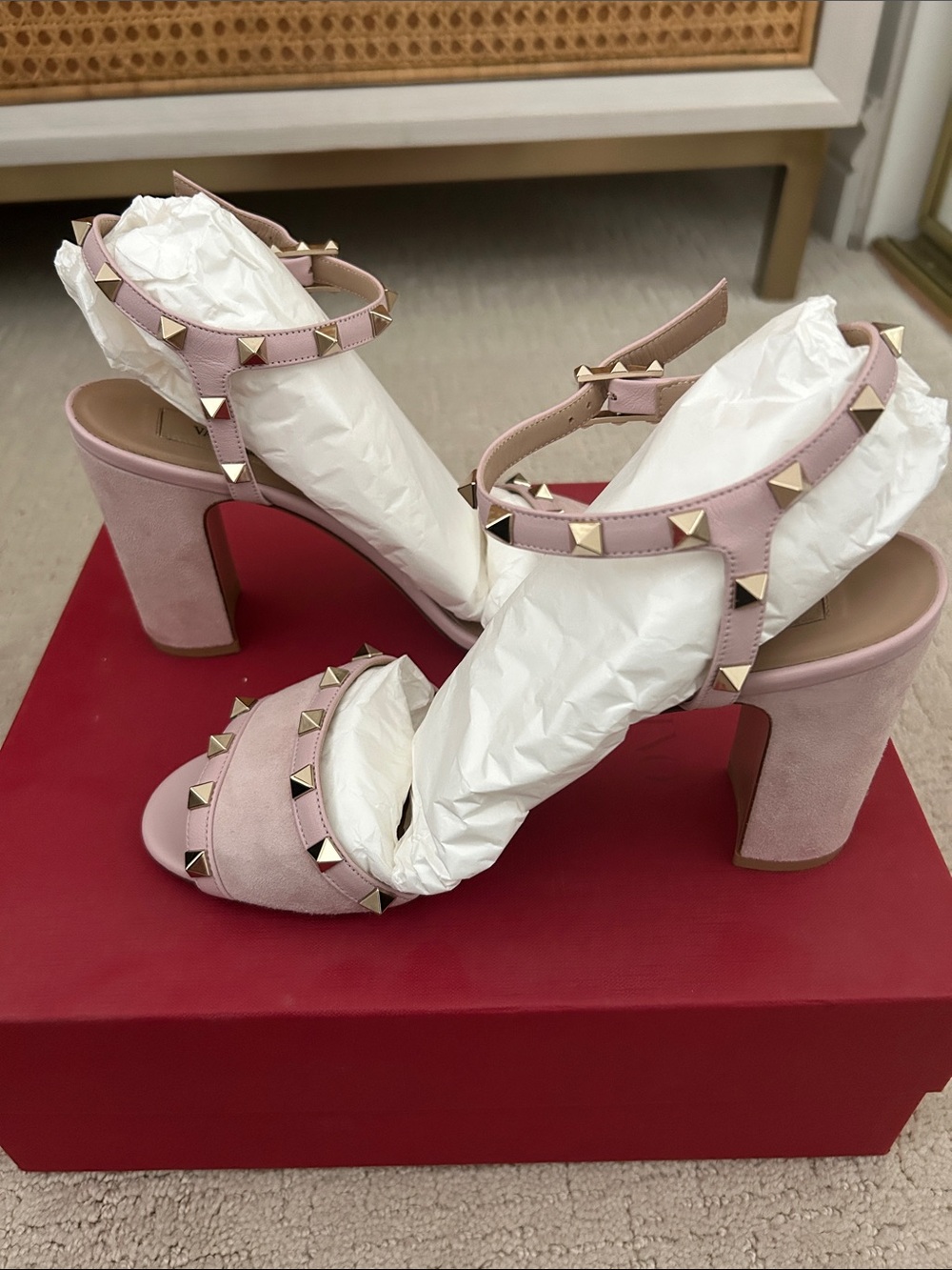 Valentino Pink Suede Rockstud Block Heel Sandals